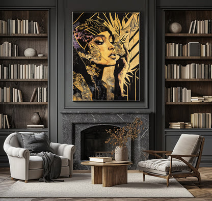 Abstract female wall art, colorful modern female canvas print, colorful abstract female canvas painting, modern female wall decoration, black painting, large yellow abstract painting,