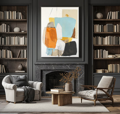 Original large-scale abstract painting, light blue painting, orange painting, black and white minimalist abstract painting, large-scale wall oil painting.