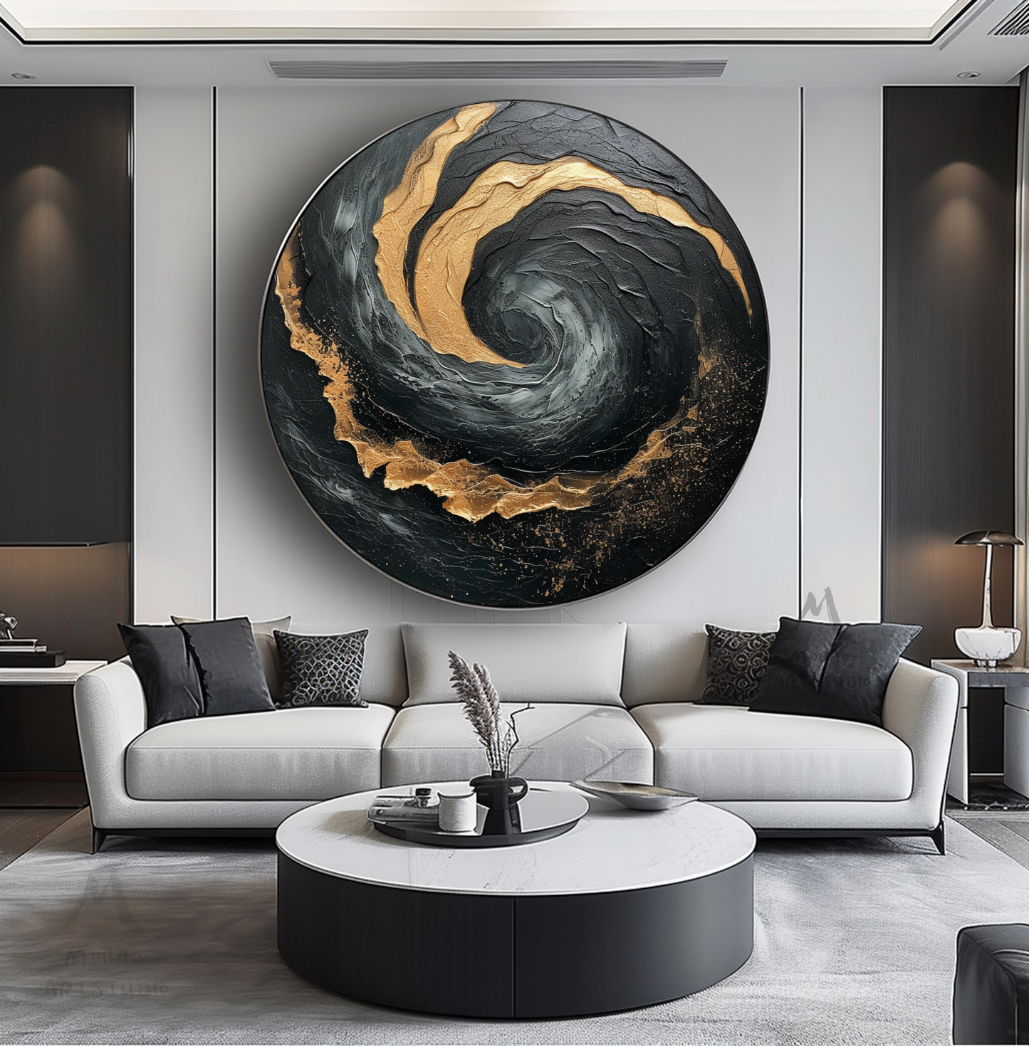 Black Textured Wall Art Gold Abstract Art Circle Painting Beige Circle Abstract Painting Circle Beige Abstract Art