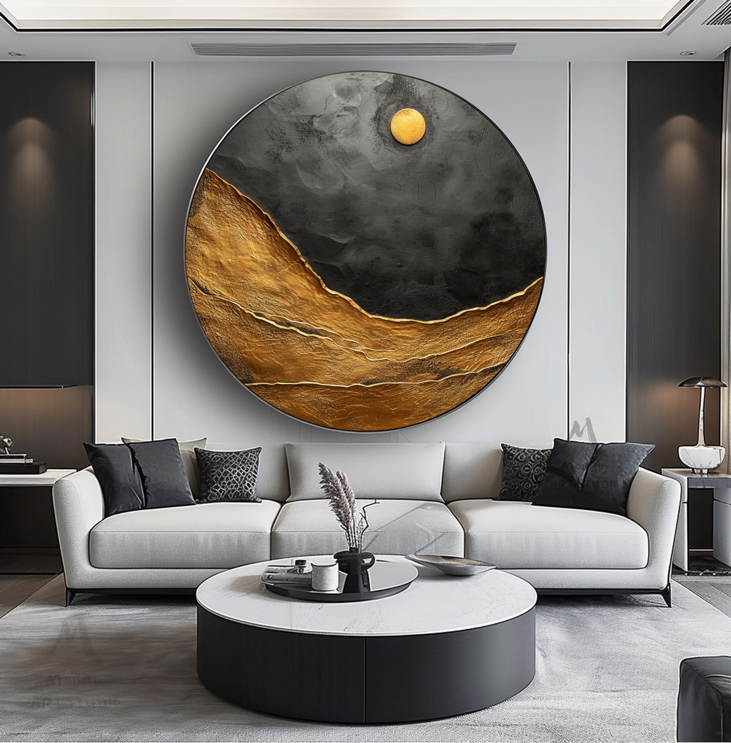 Gold Abstract Art Circle Painting Black Textured Wall Art Beige Circle Abstract Painting Circle Beige Abstract Art