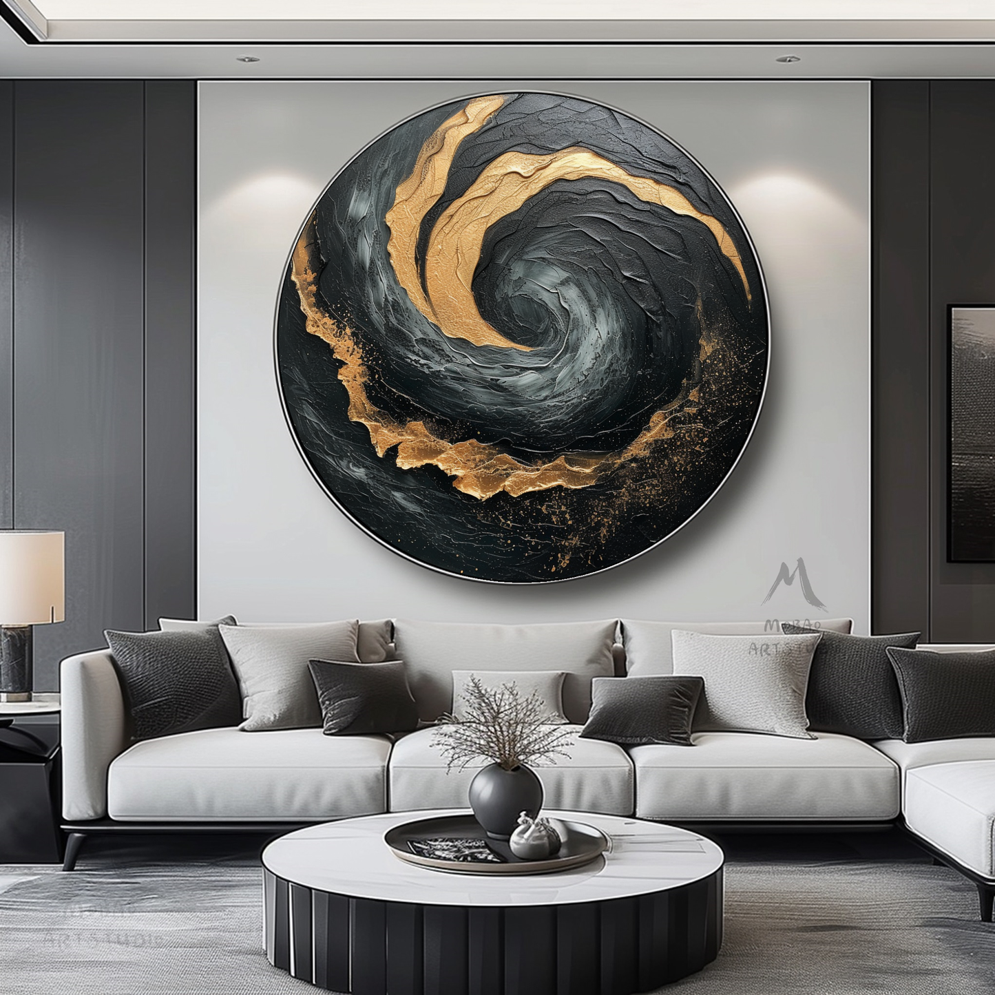Black Textured Wall Art Gold Abstract Art Circle Painting Beige Circle Abstract Painting Circle Beige Abstract Art