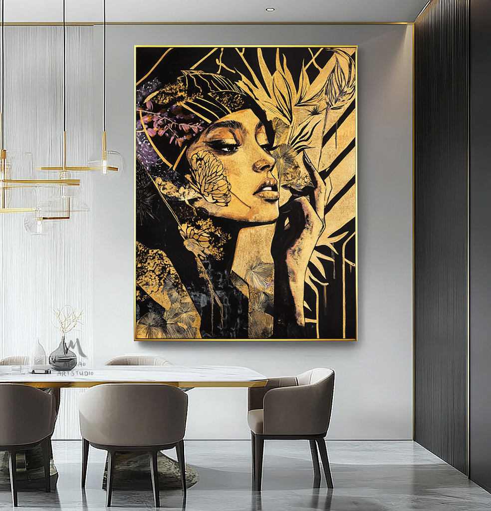 Abstract female wall art, colorful modern female canvas print, colorful abstract female canvas painting, modern female wall decoration, black painting, large yellow abstract painting,