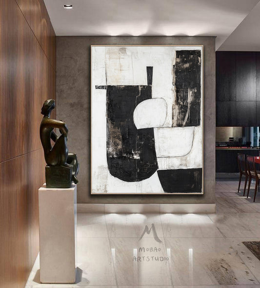 Black and white texture wall art, black minimalist painting, beige large wall painting, modern texture minimalist art painting, black wall decoration.