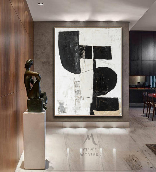 White Minimalist Painting, Black and White Abstract Painting Minimalist Art, Modern Wall Art Decor, Original Textured Painting On Canvas