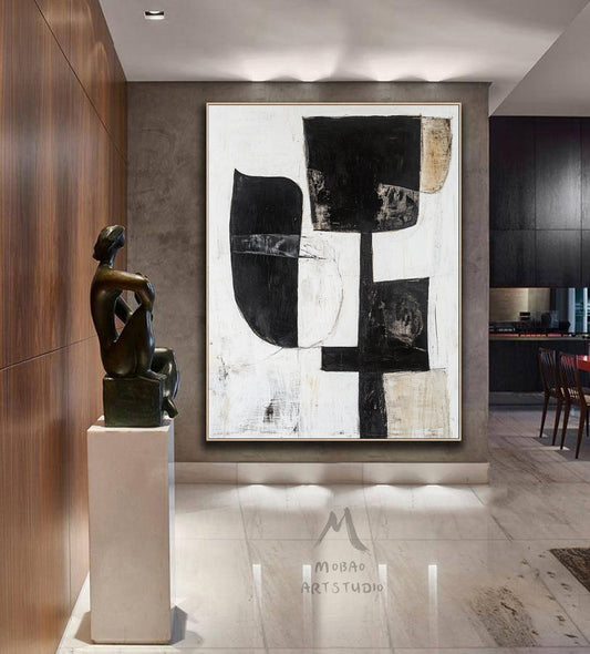 White Wabi Sabi Wall Art Boho Wall Art White Abstract Painting Black Minimalist Canvas Art Rich Textured Canvas Painting Large Neutral Art