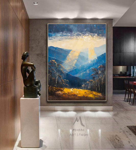 Golden abstract painting, original minimalist abstract painting, modern canvas wall art, yellow minimalist painting, blue large abstract painting