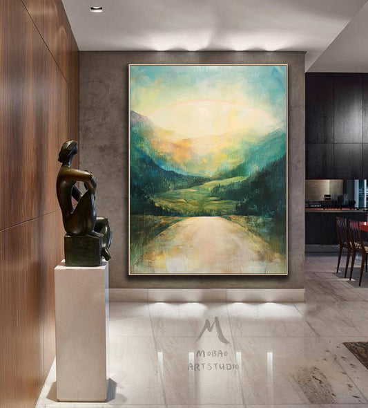 Green canvas painting, green abstract art, yellow minimalist painting, golden wall art, green canvas wall art, large green abstract painting