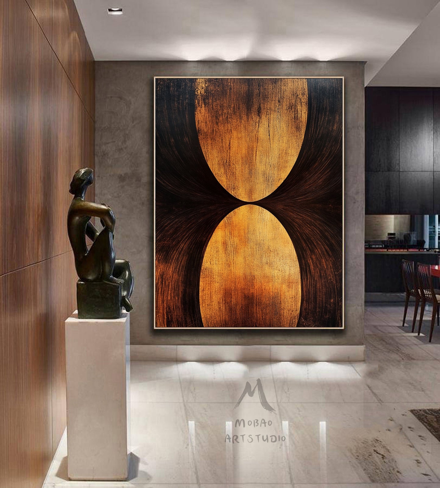 Golden 3D painting, golden texture painting, black abstract painting, black texture painting, golden modern abstract painting.