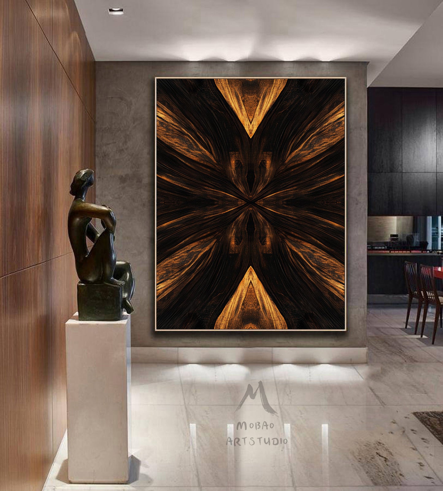 Golden 3D painting, golden texture painting, black abstract painting, black texture painting, golden modern abstract painting.