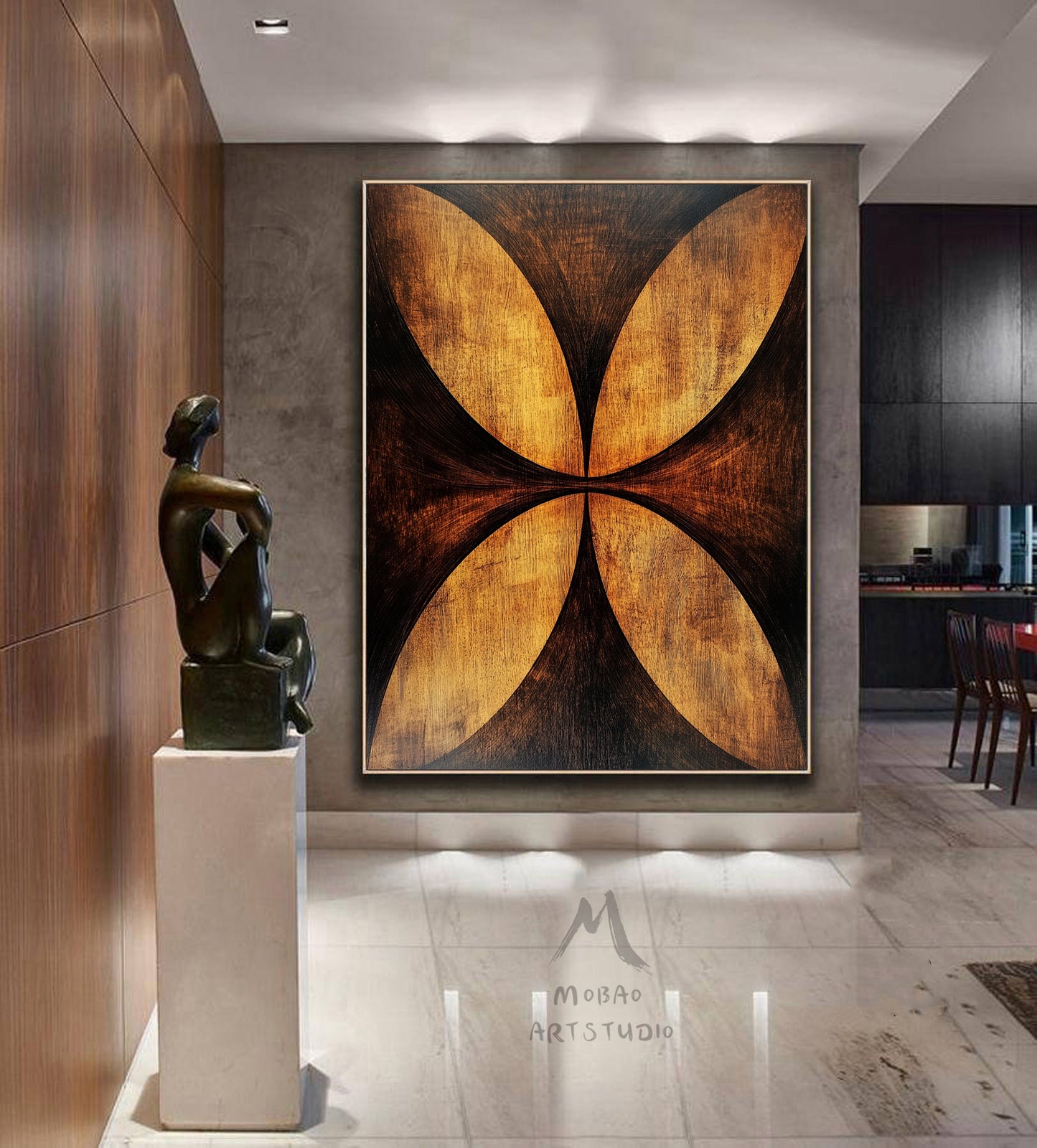 Golden 3D painting, golden texture painting, black abstract painting, black texture painting, golden modern abstract painting.