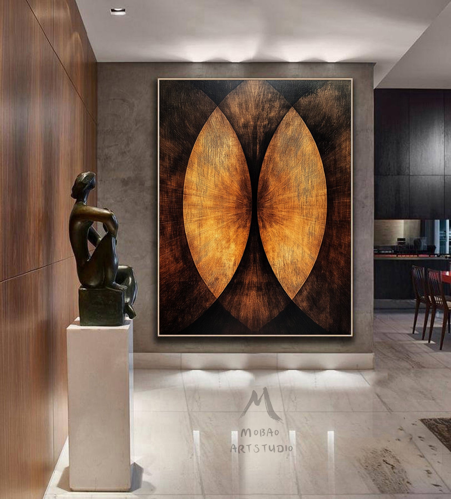 Golden 3D painting, golden texture painting, black abstract painting, black texture painting, golden modern abstract painting.