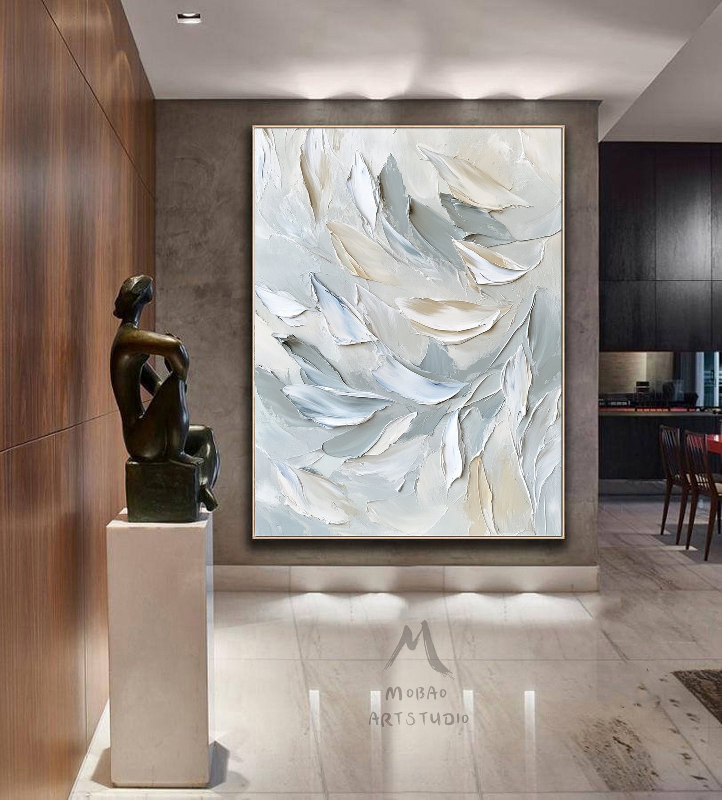 White painting, gray heavy texture painting, original abstract painting, gold 3D canvas art, white texture painting