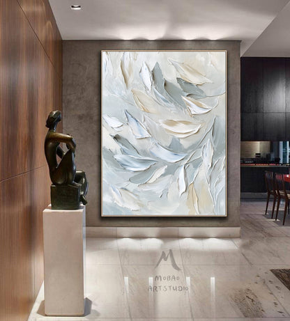 White painting, gray heavy texture painting, original abstract painting, gold 3D canvas art, white texture painting