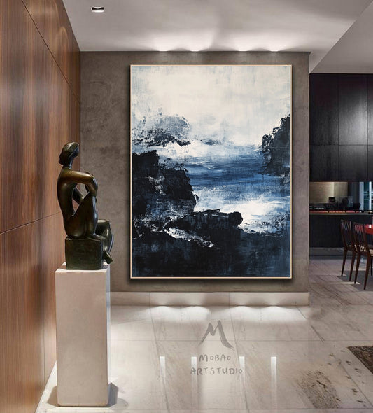 Large black 3D minimalist painting, white texture painting, blue painting, black 3D texture painting, white modern abstraction.