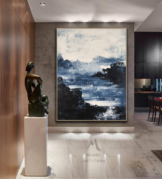 Large black 3D minimalist painting, white texture painting, blue painting, black 3D texture painting, white modern abstraction.