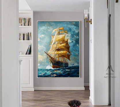 Long journey ahead, setting sail, sailing sailboat painting, original large-scale 3D painting, blue wall decoration painting.