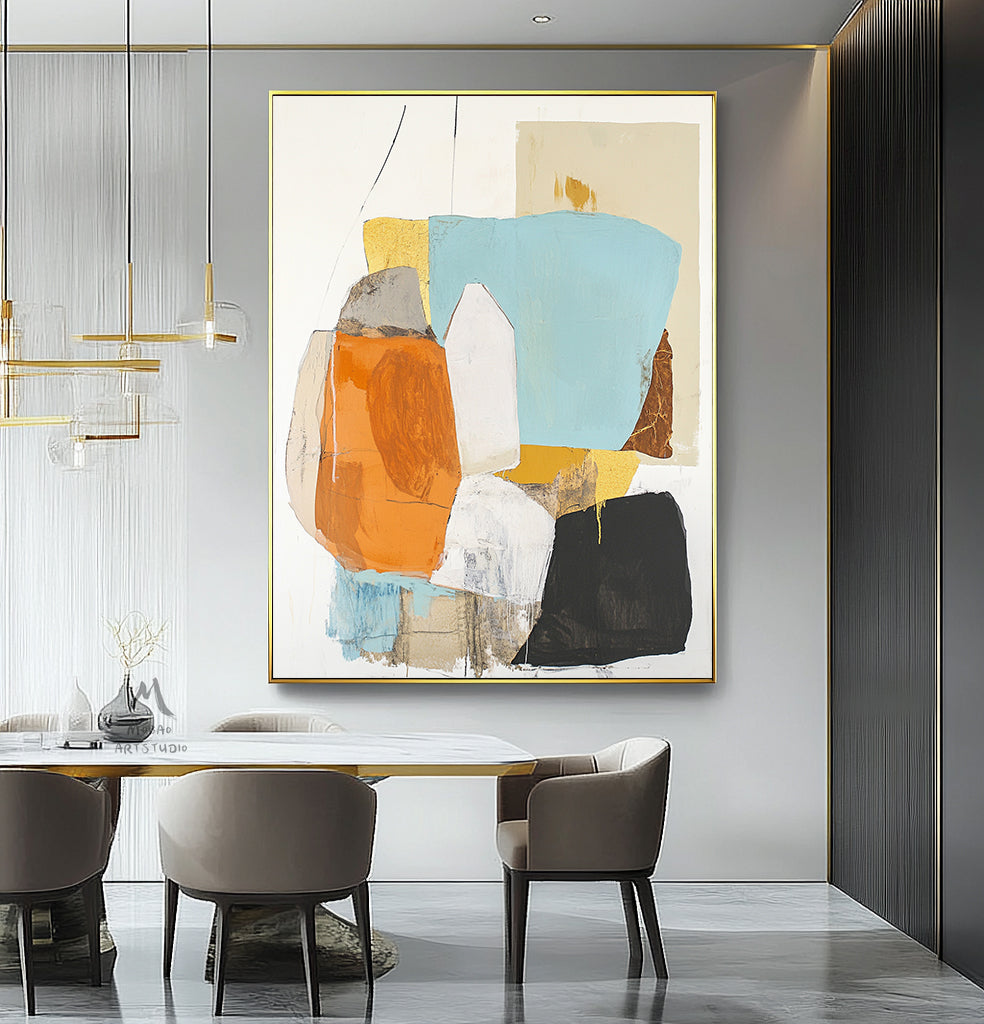 Original large-scale abstract painting, light blue painting, orange painting, black and white minimalist abstract painting, large-scale wall oil painting.