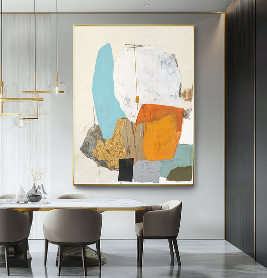 Original large-scale abstract painting, light blue painting, orange painting, black and white minimalist abstract painting, large-scale wall oil painting.