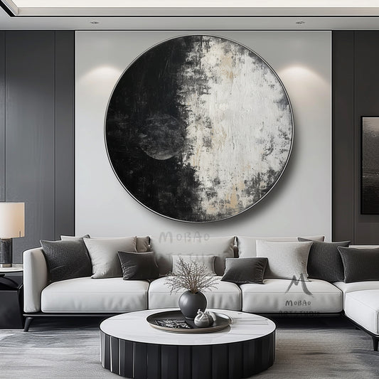 Circle White Abstract Art Black Textured Painting White Circle Abstract Art Painting Black and White Textured Wall Art Circle White Artwork