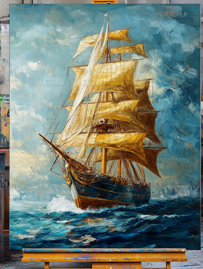 Long journey ahead, setting sail, sailing sailboat painting, original large-scale 3D painting, blue wall decoration painting.