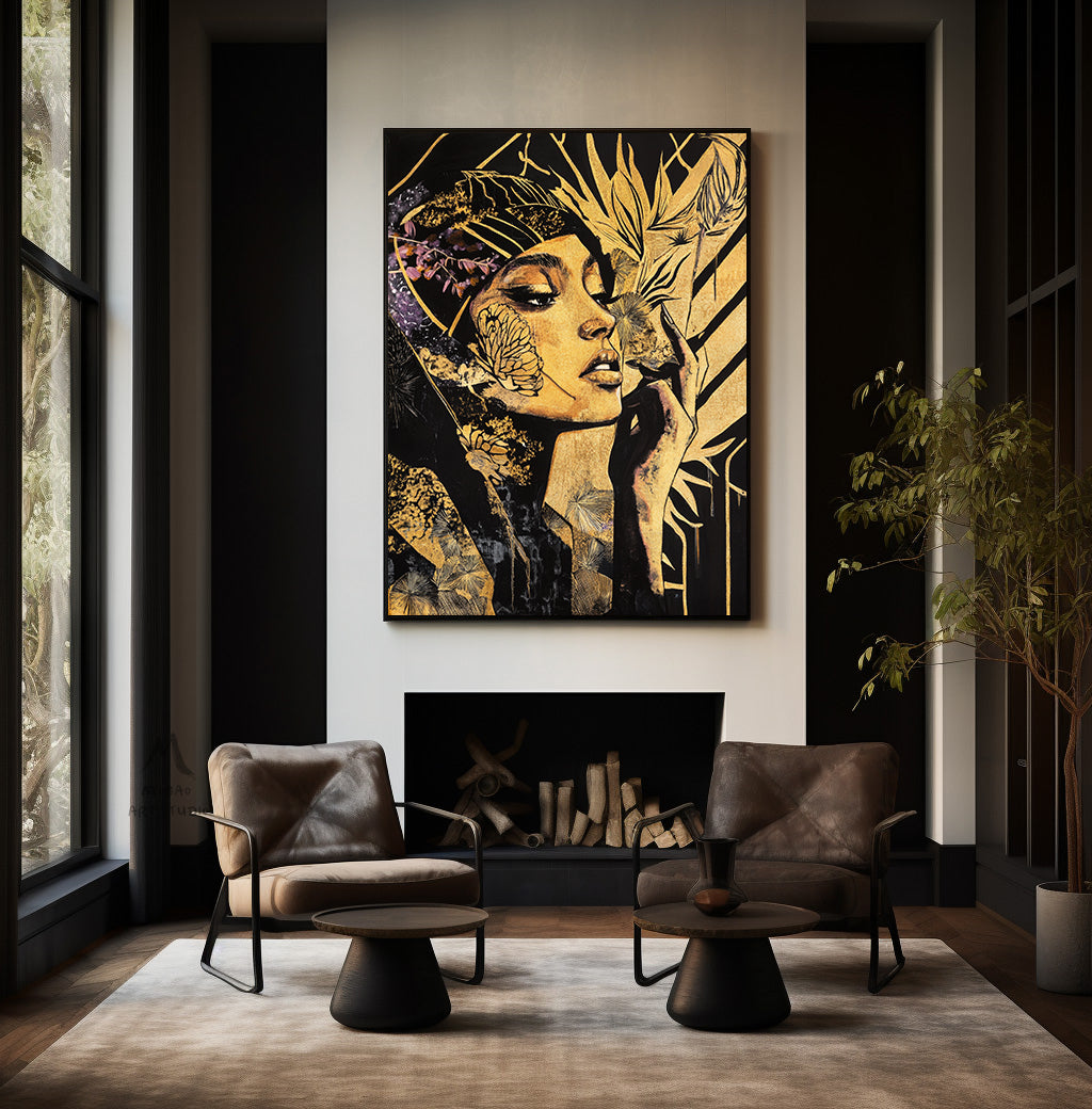 Abstract female wall art, colorful modern female canvas print, colorful abstract female canvas painting, modern female wall decoration, black painting, large yellow abstract painting,