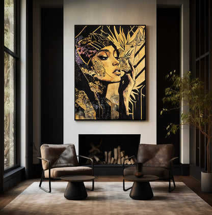 Abstract female wall art, colorful modern female canvas print, colorful abstract female canvas painting, modern female wall decoration, black painting, large yellow abstract painting,