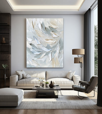 White painting, gray heavy texture painting, original abstract painting, gold 3D canvas art, white texture painting