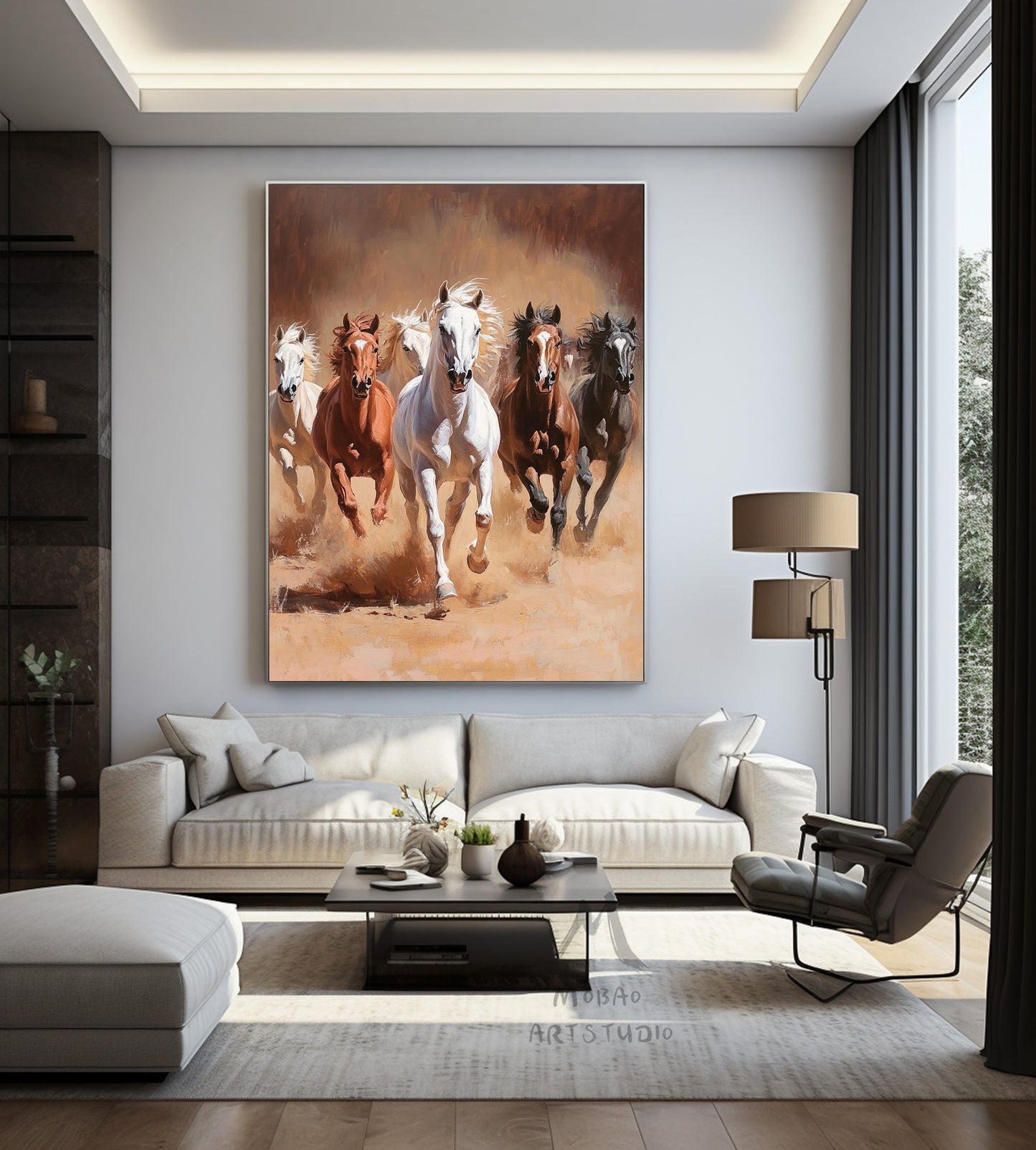 Horse art poster - white horse - realistic animal painting - black horse is suitable for living room, equestrian room decoration, or as a gift. Islamic Mother Power