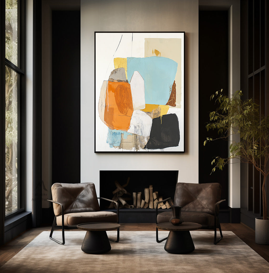 Original large-scale abstract painting, light blue painting, orange painting, black and white minimalist abstract painting, large-scale wall oil painting.