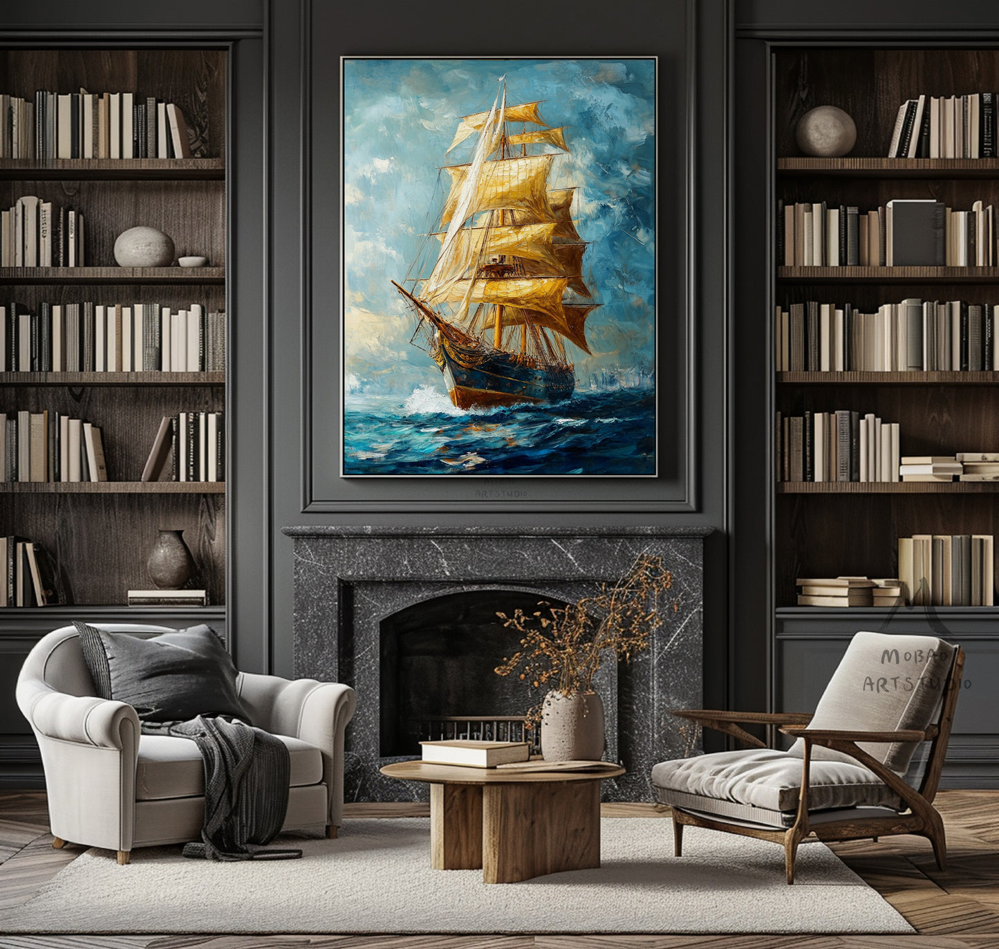 Long journey ahead, setting sail, sailing sailboat painting, original large-scale 3D painting, blue wall decoration painting.