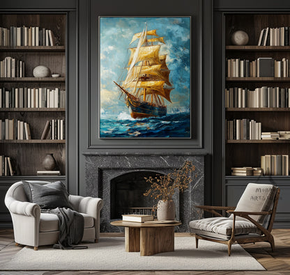 Long journey ahead, setting sail, sailing sailboat painting, original large-scale 3D painting, blue wall decoration painting.
