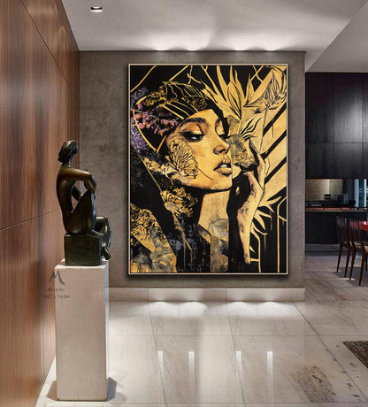 Abstract female wall art, colorful modern female canvas print, colorful abstract female canvas painting, modern female wall decoration, black painting, large yellow abstract painting,