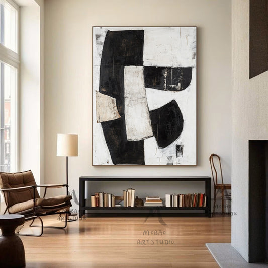 Black and white texture wall art, black minimalist painting, beige large wall painting, modern texture minimalist art painting, black wall decoration.