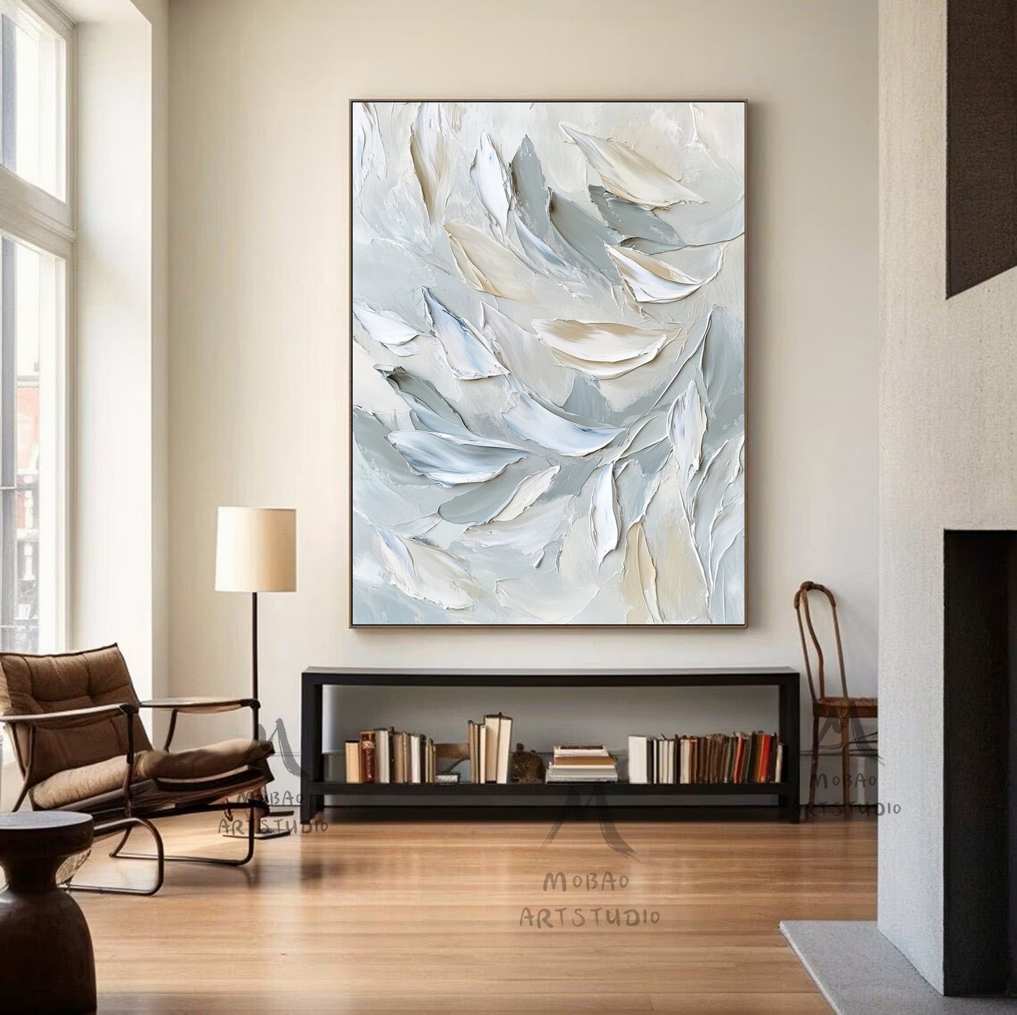 White painting, gray heavy texture painting, original abstract painting, gold 3D canvas art, white texture painting