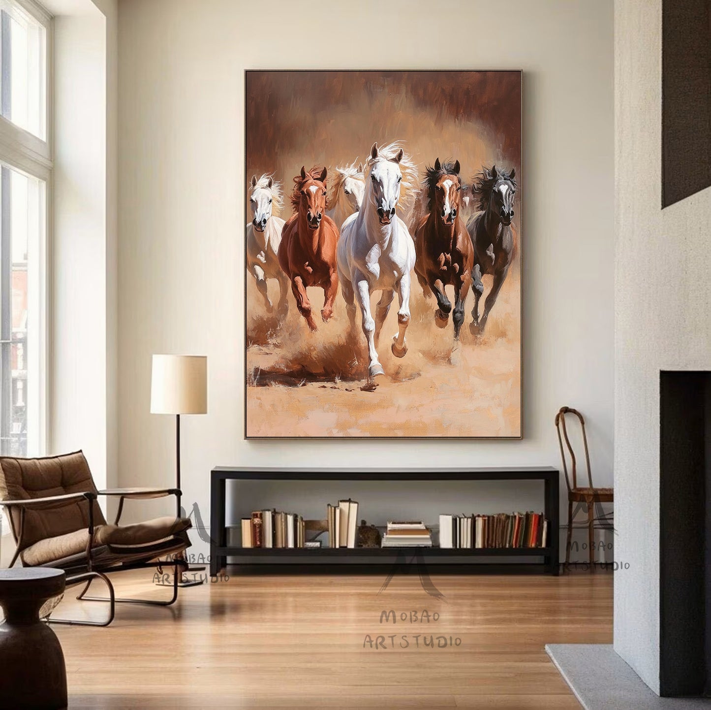 Horse art poster - white horse - realistic animal painting - black horse is suitable for living room, equestrian room decoration, or as a gift. Islamic Mother Power