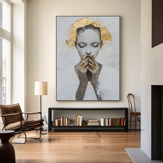 Large portrait large muscle bottom, white textured painting, black abstract painting, golden textured painting, white modern abstract painting. Golden abstract painting