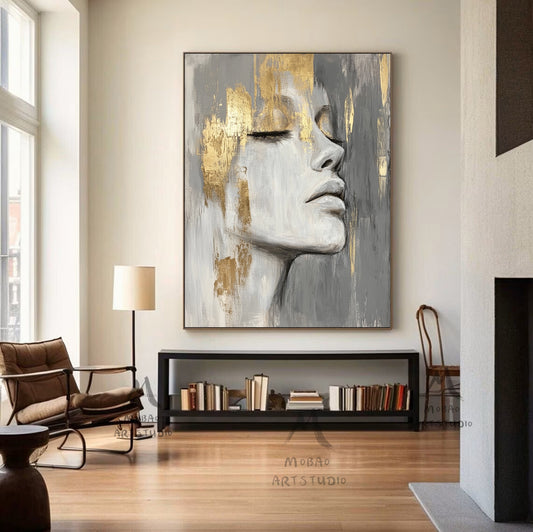 Large portrait large muscle bottom, white textured painting, black abstract painting, golden textured painting, white modern abstract painting. Golden abstract painting