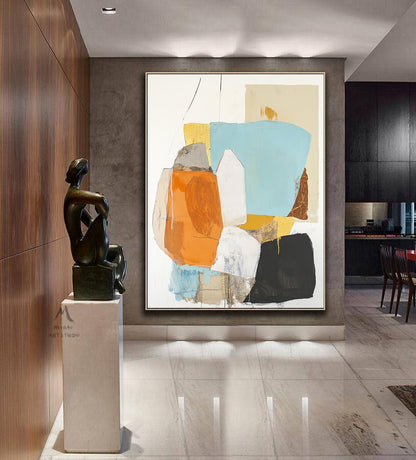 Original large-scale abstract painting, light blue painting, orange painting, black and white minimalist abstract painting, large-scale wall oil painting.