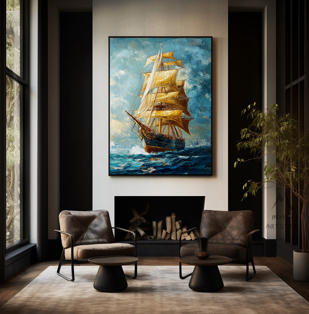 Long journey ahead, setting sail, sailing sailboat painting, original large-scale 3D painting, blue wall decoration painting.