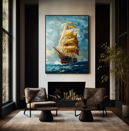 Long journey ahead, setting sail, sailing sailboat painting, original large-scale 3D painting, blue wall decoration painting.