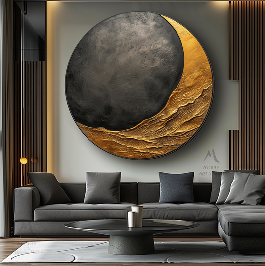Gorgeous Gold and Black Abstract Circle Wall Art - Textured Modern and Stylish