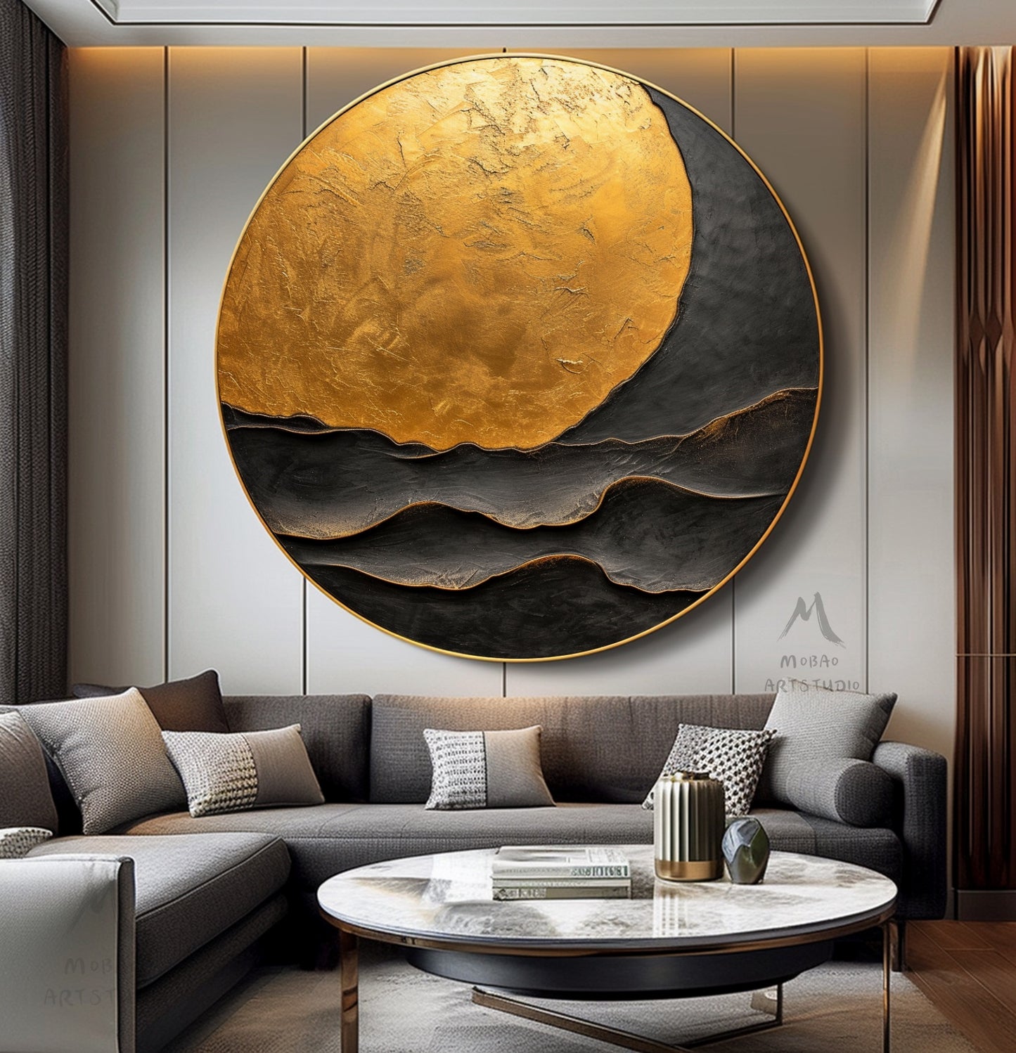 Gold Abstract Art Circle Painting Beige Textured Wall Art Beige Circle Abstract Painting Circle Beige Abstract Art Circle