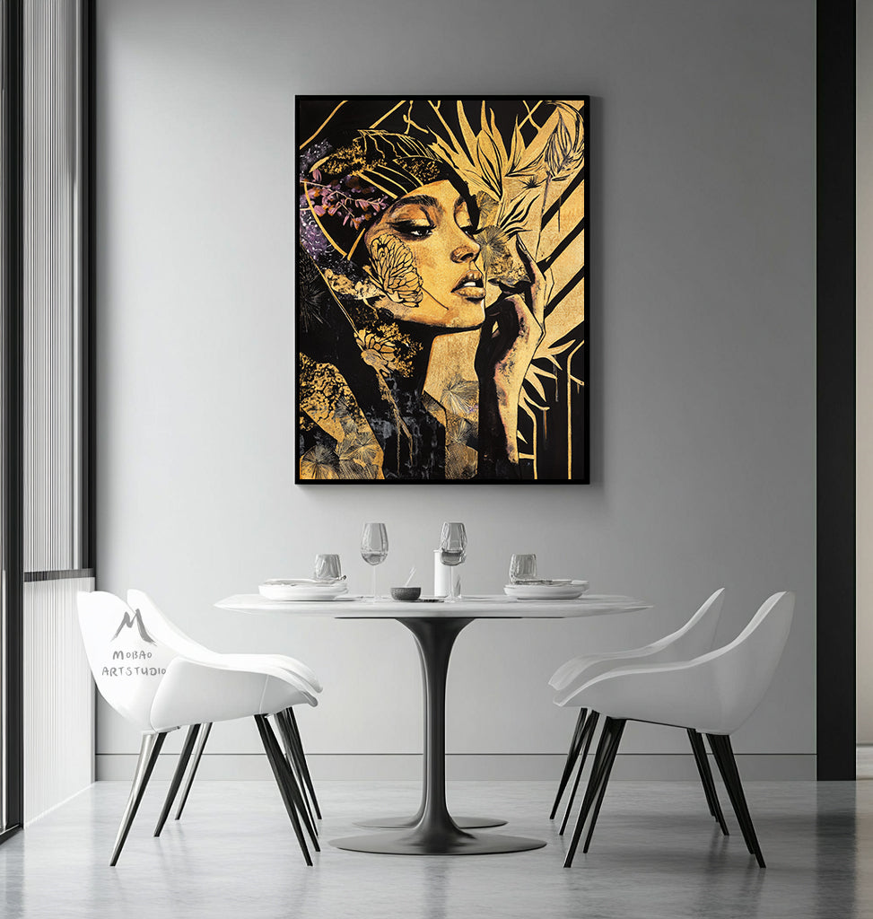 Abstract female wall art, colorful modern female canvas print, colorful abstract female canvas painting, modern female wall decoration, black painting, large yellow abstract painting,