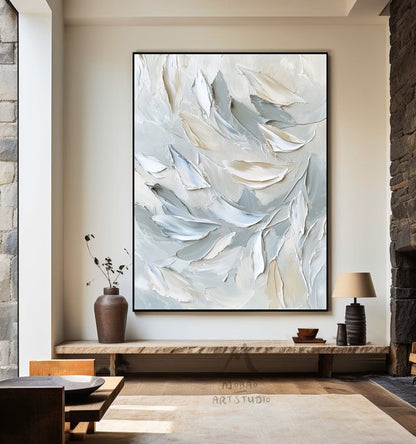 White painting, gray heavy texture painting, original abstract painting, gold 3D canvas art, white texture painting
