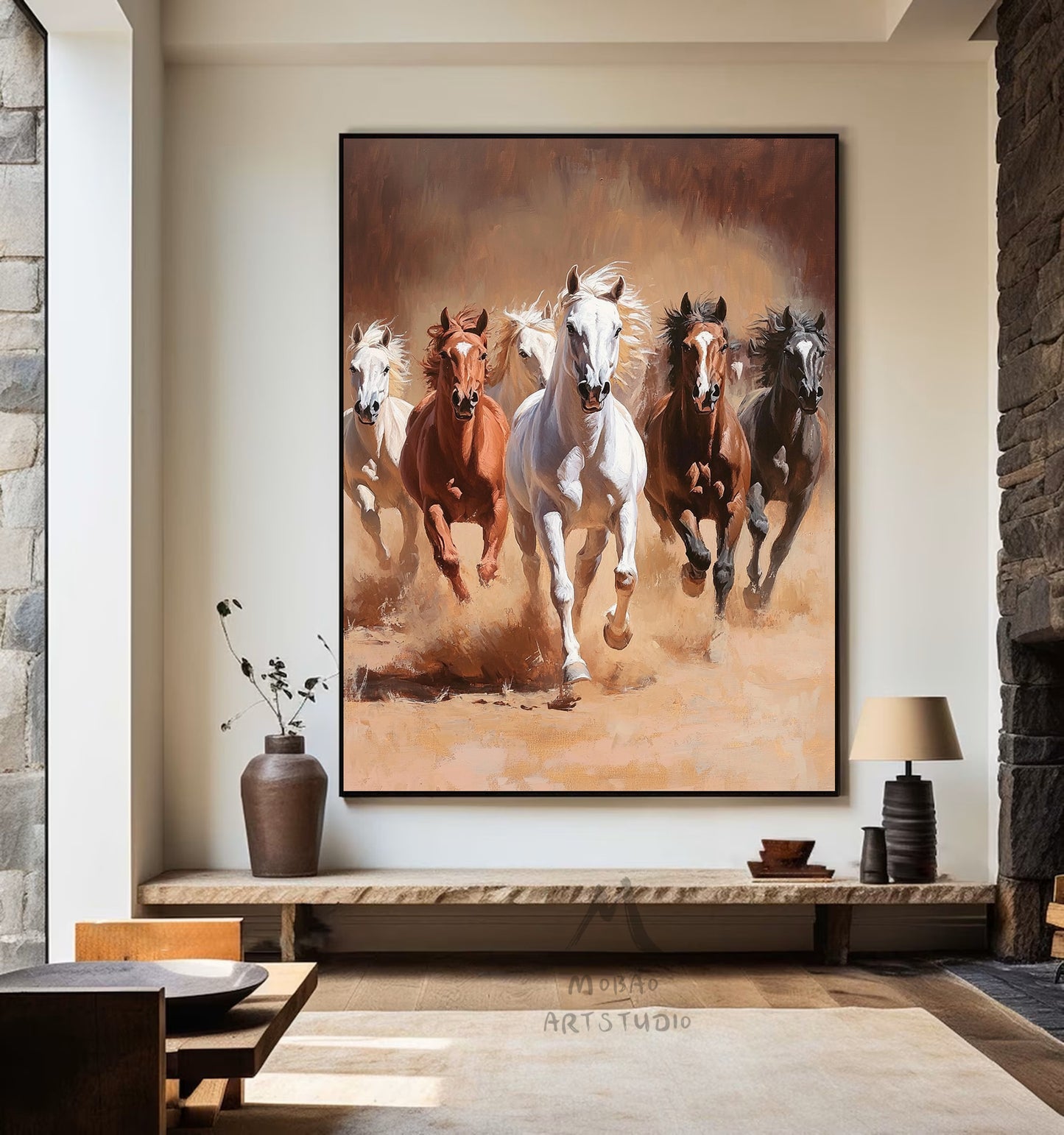 Horse art poster - white horse - realistic animal painting - black horse is suitable for living room, equestrian room decoration, or as a gift. Islamic Mother Power