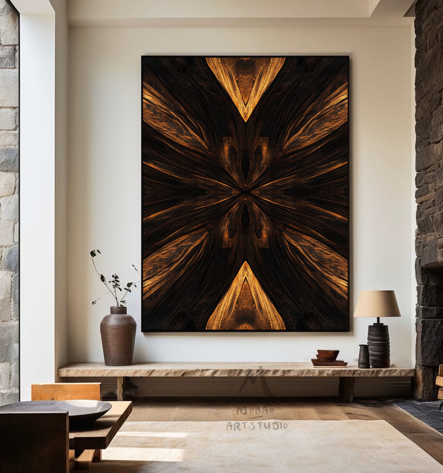 Golden 3D painting, golden texture painting, black abstract painting, black texture painting, golden modern abstract painting.