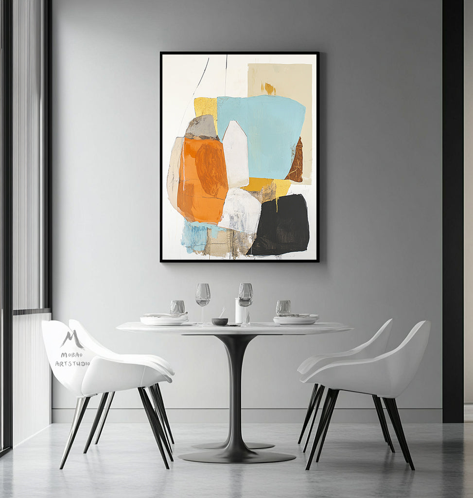 Original large-scale abstract painting, light blue painting, orange painting, black and white minimalist abstract painting, large-scale wall oil painting.