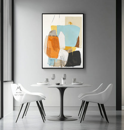 Original large-scale abstract painting, light blue painting, orange painting, black and white minimalist abstract painting, large-scale wall oil painting.