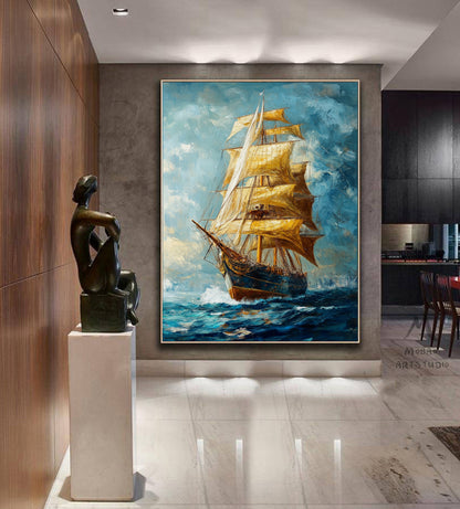 Long journey ahead, setting sail, sailing sailboat painting, original large-scale 3D painting, blue wall decoration painting.