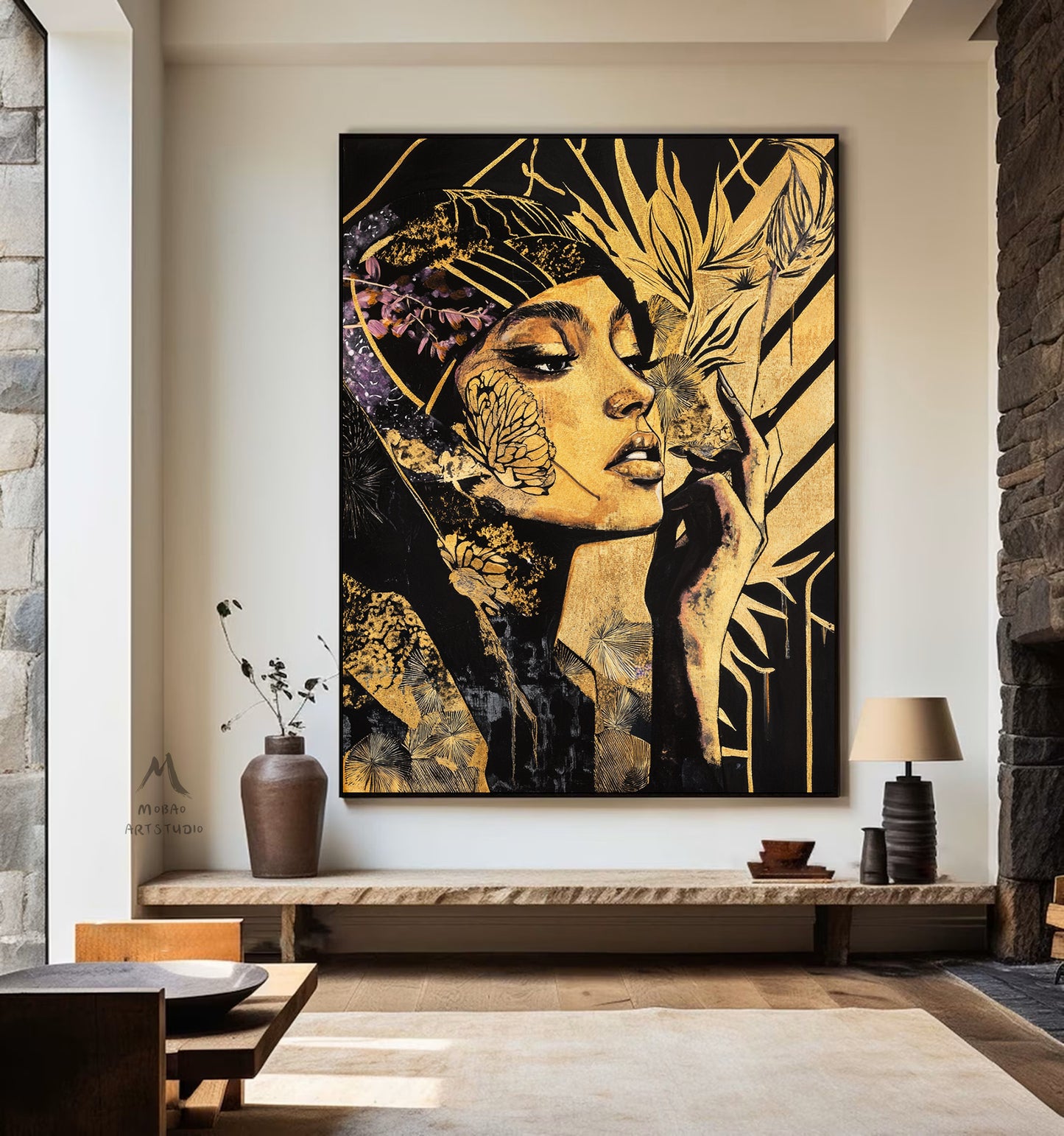 Abstract female wall art, colorful modern female canvas print, colorful abstract female canvas painting, modern female wall decoration, black painting, large yellow abstract painting,